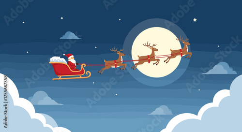 Santa Claus Riding His Sleigh with Reindeer Over the Moonlit Sky Christmas Eve
