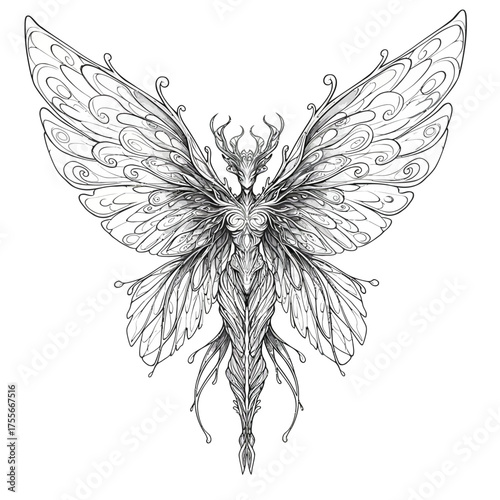 Intricate line art illustration of a fairy with delicate wings and antlers, blending nature and fantasy in a mesmerizing design isolated on white background
