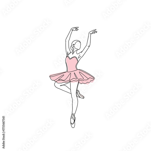 A ballerina in a pink tutu gracefully balances on one leg, her arms raised in a classic ballet pose isolated on white background a single line drawing