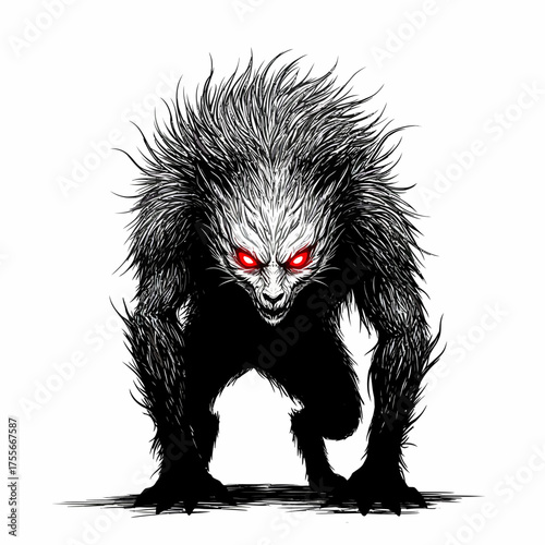 Illustration of a menacing werewolf with glowing red eyes, its fur standing on end, creating a sense of primal fear and aggression isolated on white background