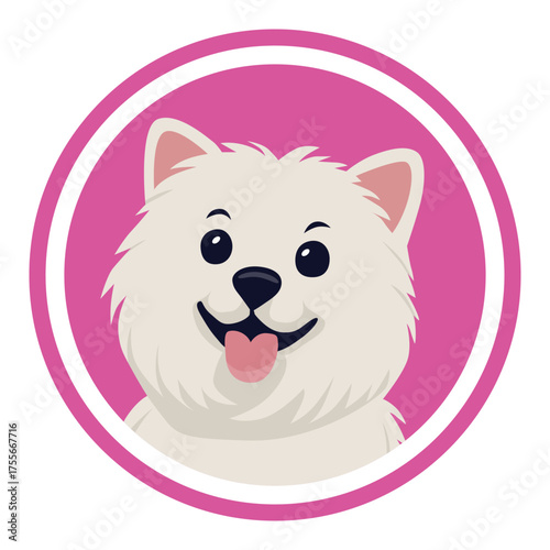 Colorful vector illustration with dog. Adorable round icon with muzzle of cute white fluffy dog. Round illustration