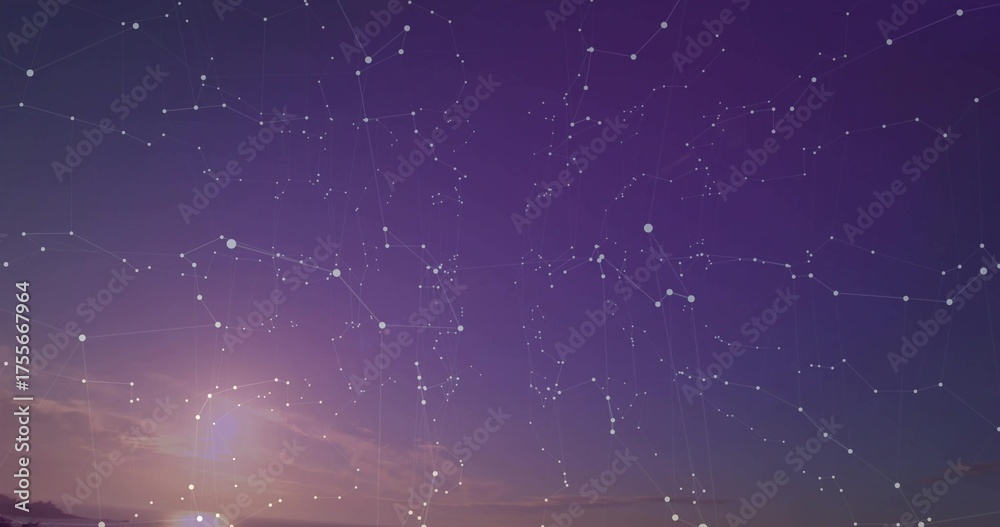 Obraz premium Displaying constellation overlay on twilight sky above hills, with white star markers and lines