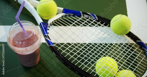 Lying blue tennis racket on ping pong table with yellow tennis balls and purple-straw smoothie cup