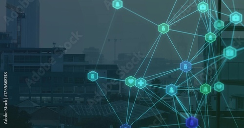 Displaying digital network overlay over city skyline, with hexagon nodes and medical icons