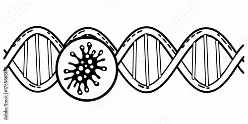 Illustration of a dna strand with a virus cell in a circle on the side in black and white color scheme