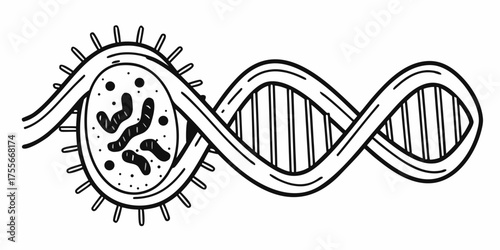 Illustration of a dna strand connected to a cell with microbes and spikes in black and white style