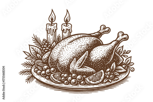 Roasted turkey with candles engraving style vector illustration
