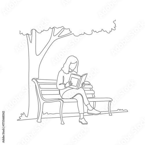 A girl is sitting on a bench under a tree and reading a book isolated on white background line art illustration of a woman reading in the park in summer time