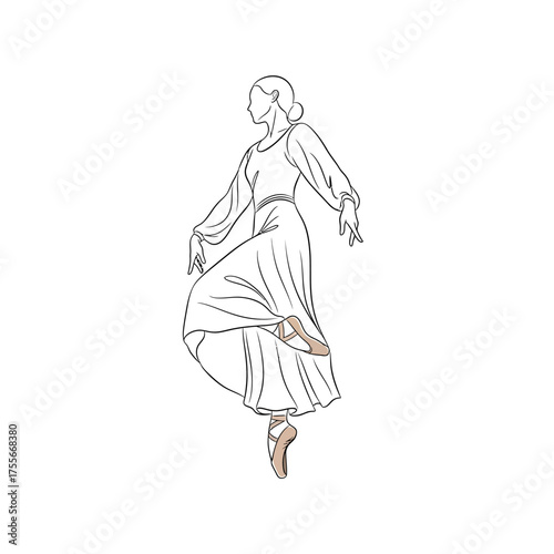 A ballerina in a long dress is dancing isolated on white background line art illustration of a ballet dancer in a dress in a dance pose graceful and elegant