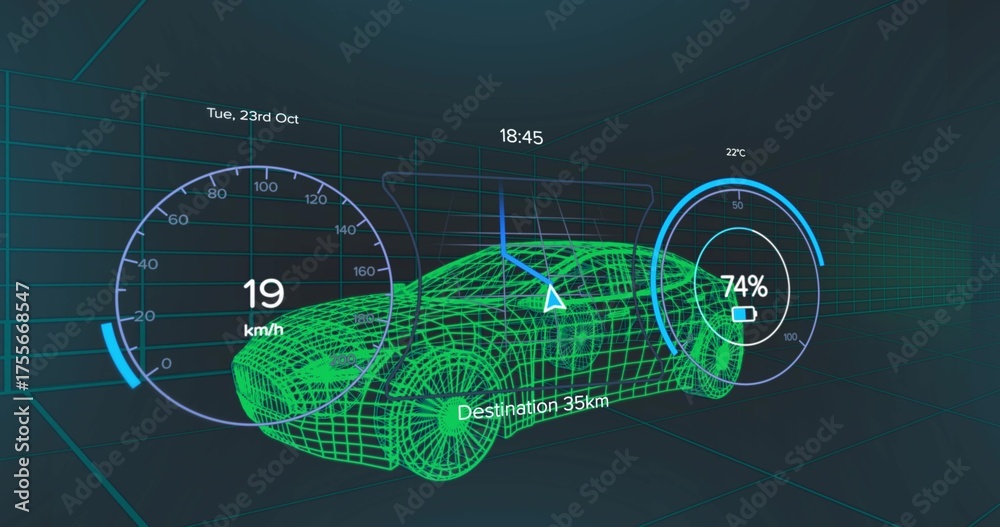 Naklejka premium Displaying neon green wireframe car model in grid chamber with system gauges and navigation arrow