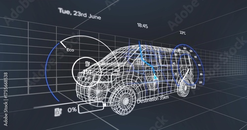 Showing wireframe SUV spinning in digital grid, with HUD showing Eco, fuel, battery and route