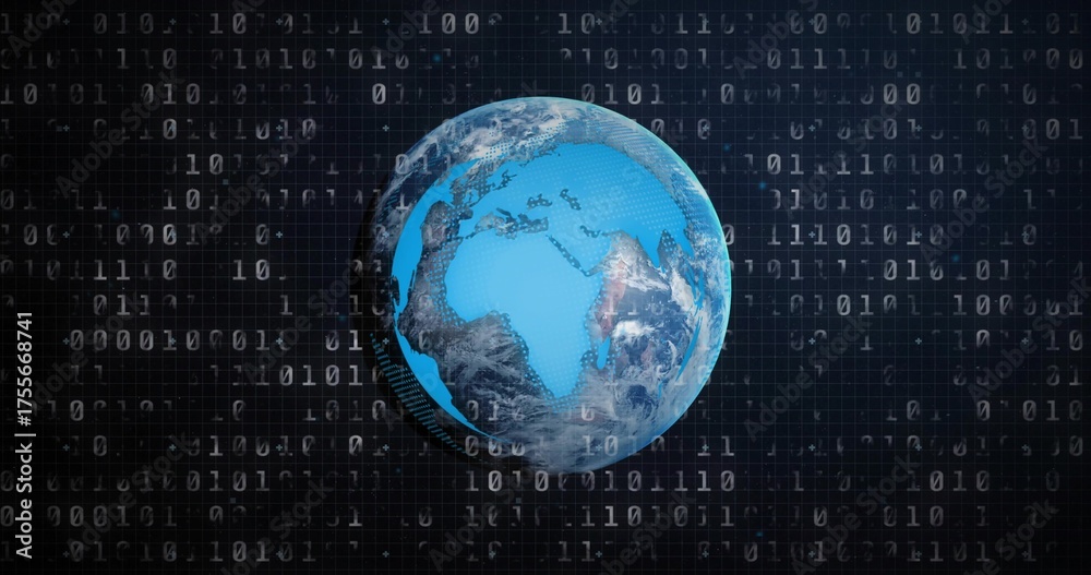 Fototapeta premium Rotating mesh overlay blue Earth globe in cyberspace, with floating binary digits and grid