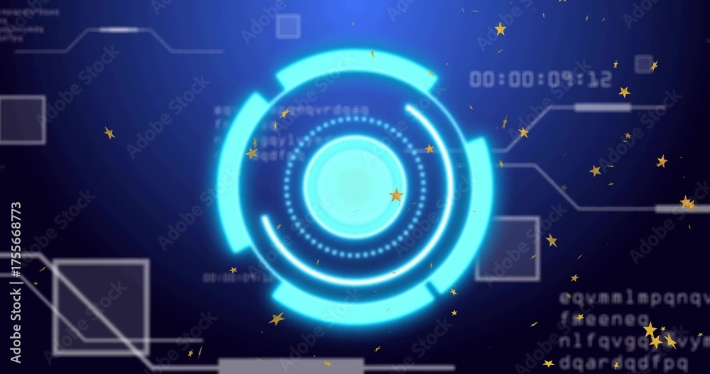 Fototapeta premium Displaying neon-blue HUD ring rotating on blue backdrop, showing stars, timer, UI outlines, code
