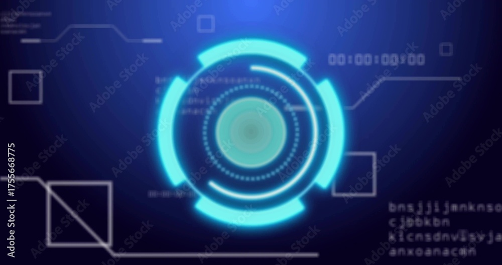 Obraz premium Displaying glowing circular HUD interface in digital environment, including timer, code snippets