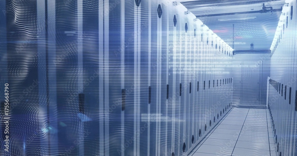 Fototapeta premium Displaying corridor flanking server cabinets in data center, with LED lights, cable trays, pipes