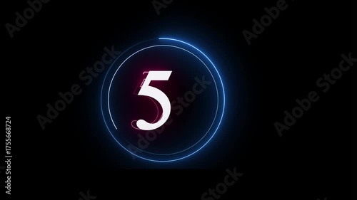 Numerical counting from 0 to all. Circular progress bar with bright neon white light. Countdown timer from 0 to all seconds real time. Modern flat design of countdown animation on black background