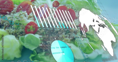 Showing bowl of lettuce and quinoa salad with overlays, bar chart, world map on kitchen surface