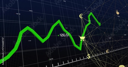 Displaying green jagged line chart shifting on navy grid, linking yellow currency symbols and cart
