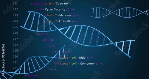Spanning light-blue DNA helix models across digital gradient canvas, with HTML code snippets