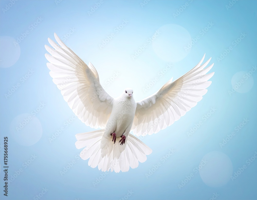 Obraz premium White dove in flight, wings spread, bright, soft background