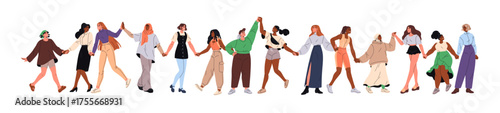 Diverse happy women stand in line and hold hands. Group of girls supports, loves together. Concept of sisterhood, feminism and female unity. Flat isolated vector illustration on white background