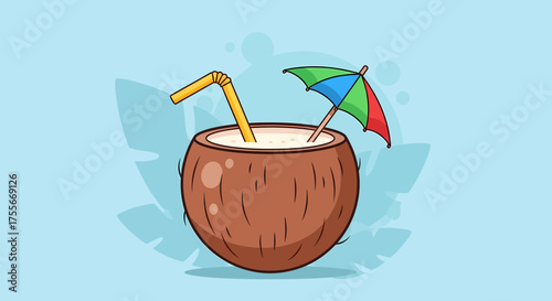 Charming Coconut Beverage Illustration With Straw And Decorative Umbrella