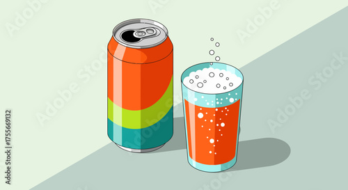 Charming Still Life Featuring A Colorful Soda Can And Bubbly Drink