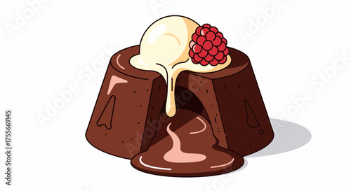 Chocolate Lava Cake With Ice Cream And Fresh Raspberry Topping