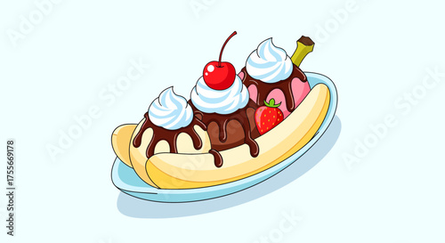 Classic Banana Split With Strawberry, Chocolate and Cherry Toppings