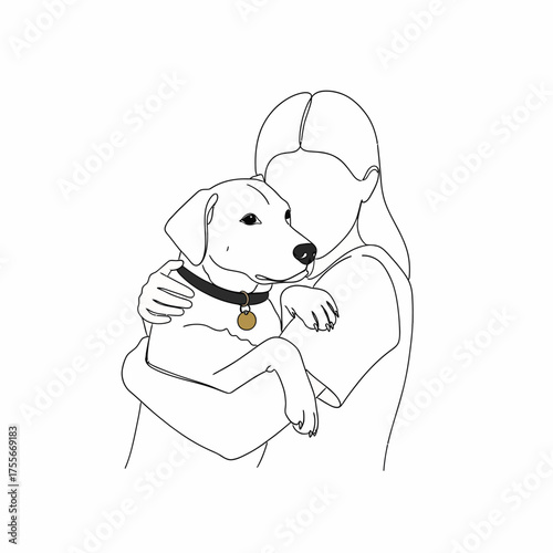 A heartwarming line art illustration of a girl embracing her loyal dog, isolated on white background, capturing the tender bond between humans and their beloved pets