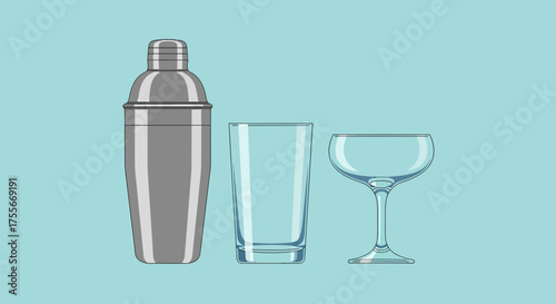 Classic Barware Arrangement With Shaker And Cocktail Glasses