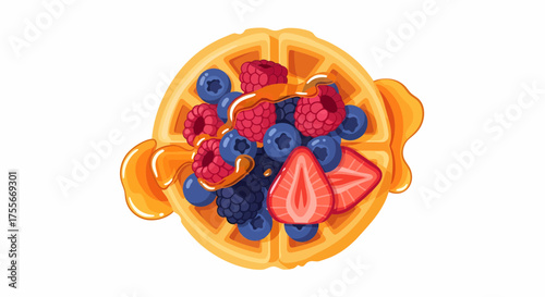 Crispy Waffle Topped With Fresh Berries And Dripping Sweet Honey
