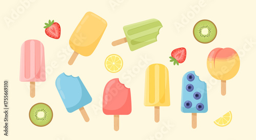 Colorful Summer Popsicles And Fresh Fruits Flat Lay Illustration