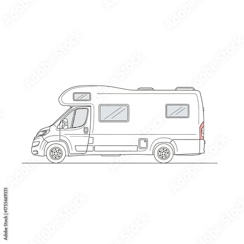 Detailed line art of a camper van, isolated on white background the vehicles design showcases its features, making it ideal for travel and outdoor adventures