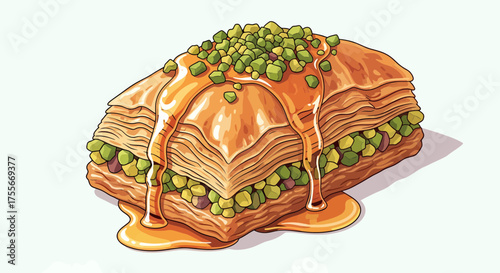 Delicious Baklava Dessert With Pistachios And Honey Illustration