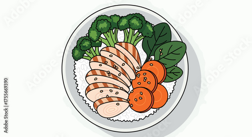 Delicious Balanced Bowl With Chicken And Fresh Vegetables Illustration