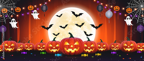 Happy Halloween banner, pumpkins, bats, full moon, spiderwebs, candy, orange and black colors, festive decorations, spooky atmosphere