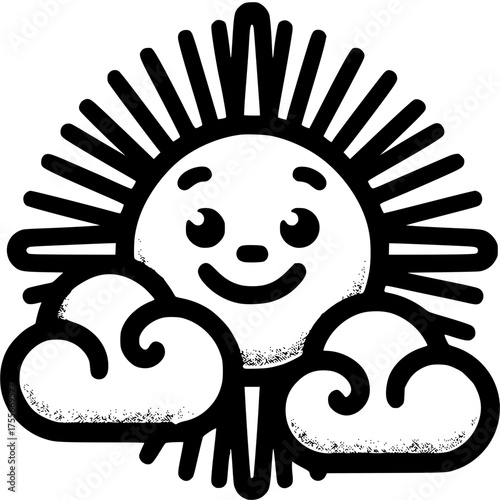 Smiling Sun and Clouds: a stylized illustration of a happy sun peeking out from behind fluffy clouds, symbolizing joy, warmth, and a positive outlook.