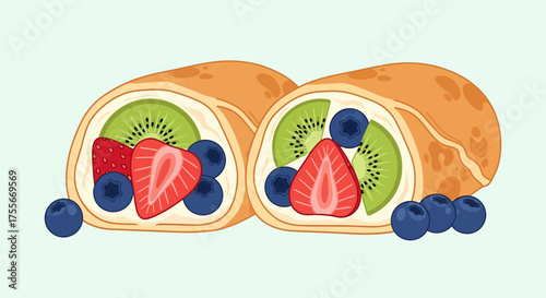 Delicious Fruit Crepes Slices Garnished With Strawberry And Kiwi Design