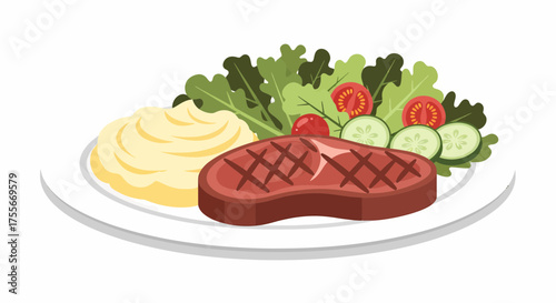 Delicious Grilled Steak With Mash And Salad On A Plate