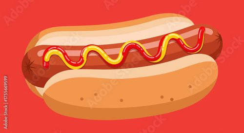 Delicious Hotdog With Ketchup And Mustard On A Red Background