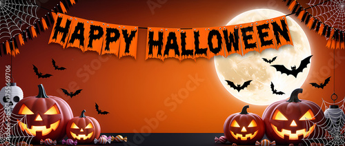 Happy Halloween banner, pumpkins, bats, full moon, spiderwebs, candy, orange and black colors, festive decorations, spooky atmosphere