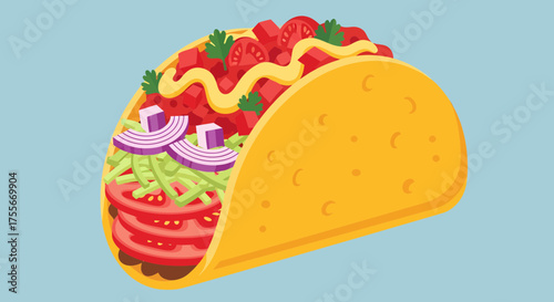 Delicious Taco With Fresh Ingredients On Light Blue Background