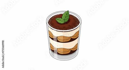 Delicious Tiramisu Dessert In Glass With Mint Leaves On White Background