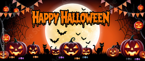 Happy Halloween banner, pumpkins, bats, full moon, spiderwebs, candy, orange and black colors, festive decorations, spooky atmosphere