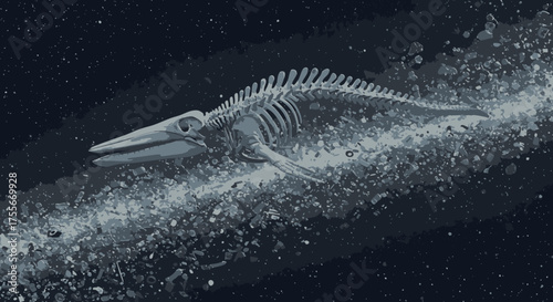Ancient Marine Reptile Skeleton Emerging from Cosmic Dust and Nebula