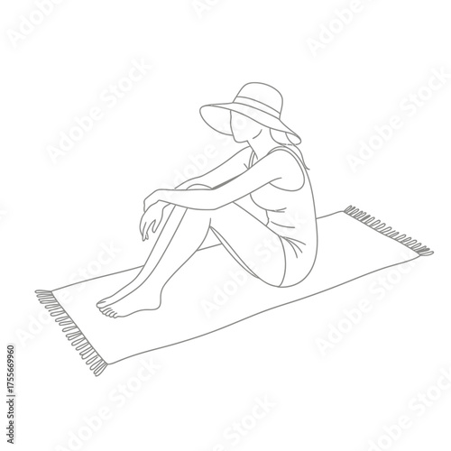 Woman in hat sitting on beach towel isolated on white background summer vacation and relaxation sunbathing and enjoying the seaside holiday lifestyle