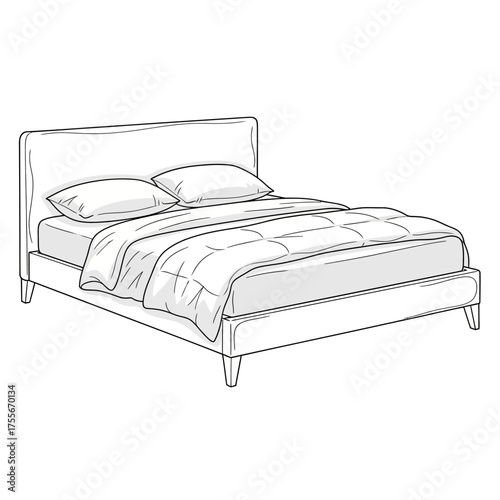 Cozy bed with pillows and duvet, depicted in a clean line drawing, isolated on white background, ideal for bedroom decor and interior design concepts