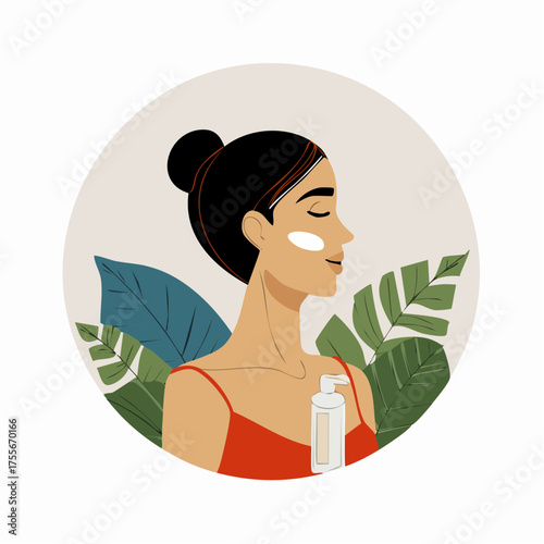 A woman with dark hair in a bun applies moisturizer to her face, surrounded by lush green leaves.
