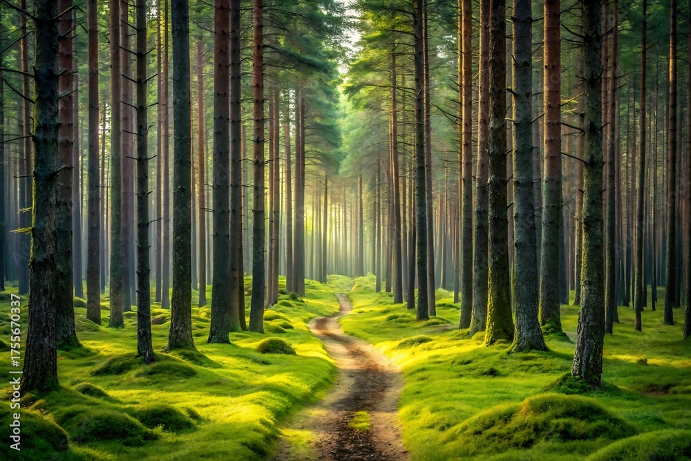 Fototapeta premium A dirt path winds through a lush green forest with tall trees